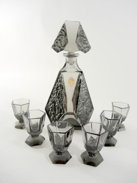 SCHLEVOGT Gablonz Art Déco Karaffe mit 6 Gläsern, Böhmen um 1930