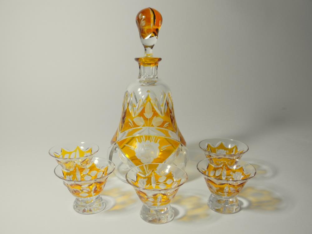 Art Déco Kristallkaraffe Josephinenhütte mit 5 Gläsern Schlesien um 1930.
