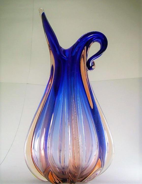 Grosse blaue Sommerso Rippenvase Murano um 1950.