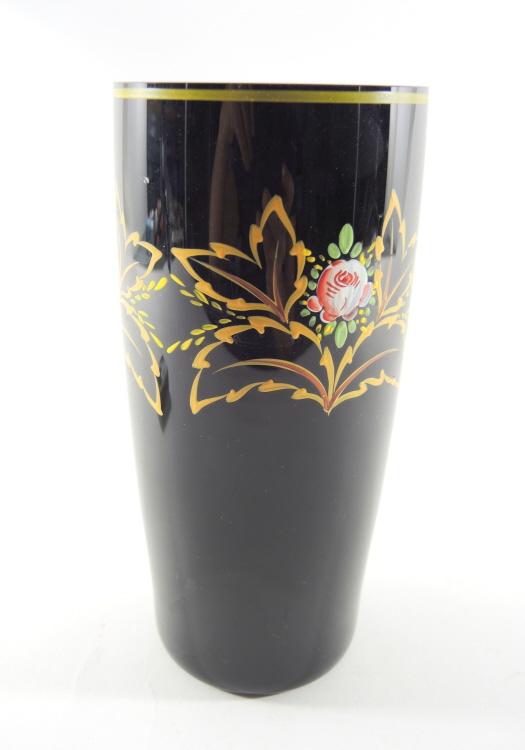Grosse, handbemalte, schwarze Jugendstil Vase